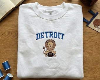 Detroit Lion Embroidered Sweatshirt, Cute Animal Football Hoodie, City Pride Pullover, Sports Fan Gift Crewneck, Kitten Lion