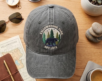 Yellowstone National Park Est. 1872 Embroidered Wash Dad Cap, Bear and Pine Trees Hat, Starry Night Souvenir Gift for Park Lovers USA