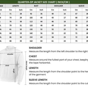 May include: A size chart for a quarter-zip jacket, displaying measurements in inches and centimeters. The chart includes US sizes S to 5XL, with corresponding measurements for length, bust, shoulder, and sleeve. Instructions for measuring shoulder, chest, length, and sleeve length are also provided.