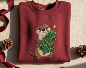 Embroidered Christmas Otter Sweatshirt, Cute Animal Holiday Gift, Festive Sea Otter with Xmas Tree Crewneck, Nature Lover