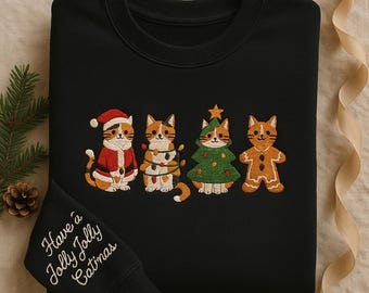 Embroidered Christmas Cat Sweatshirt, Jolly Catmas Hoodie, Cat Lover Shirt, Funny Cat Holiday Crewneck, Festive Animal Kitten Tee