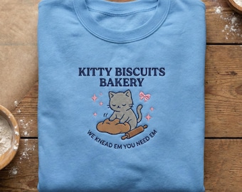 Kawaii Kitty Biscuits Bakery Hoodie, Pastel Cat Embroidered Sweatshirt, Cute Kneading Kitten Gift, Baking Enthusiast Cat Shirt, Meow Gift