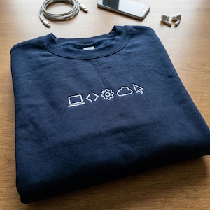 May include: A navy blue sweatshirt featuring white embroidered tech symbols: a laptop, code brackets, a cog, a cloud, and a mouse pointer. The sweatshirt is folded on a wooden surface, with a phone, earbuds, and a charging cable.