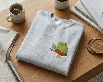Frog Embroidered Sweatshirt, Cute Frog Lover Crewneck, Cottagecore Frog Shirt, Nature Embroidery Sweater