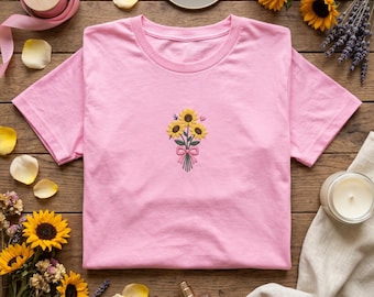 Sunflower Bouquet Embroidered T Shirt, Cute Summer Flower Tee, Floral Embroidery Shirt, Yellow Sunflowers Top, Gift for Sunflower Lover