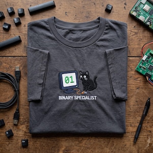 May include: A dark gray t-shirt featuring an embroidered graphic of a black cat sitting next to a computer monitor displaying the green text 01. Below the graphic, the white text reads BINARY SPECIALIST, with a small orange computer mouse.