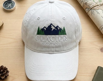 Embroidered Glacier Montana Hat, Mountain Peaks Wash Dad Cap, Nature Lover Gift, Hiking Souvenir Cap, Minimalist Outdoor Adventure Hat