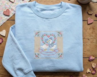 Vintage Style Duck Embroidered Sweatshirt, Cottagecore Aesthetic Pullover, Victorian Animal Crewneck, Shabby Chic Bird Shirt