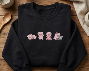Piggy Routine Daily Life Embroidered Sweatshirt, Cute Pig Lover Gift, Donut Pig Pullover, Tech Pig Shirt, Farm Animal Aesthetic Apparel
