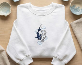 ATLA Inspired Embroidered Sweatshirt, Moon Spirits Northern Water Tribe Shirt, Koi Fish Yin Yang Anime
