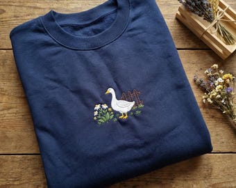 Embroidered Goose Sweatshirt, Farmhouse Style Hoodie, Garden Duck Crewneck, Cute Farm Animal Gift, Countryside Apparel,Bird Embroidery Shirt