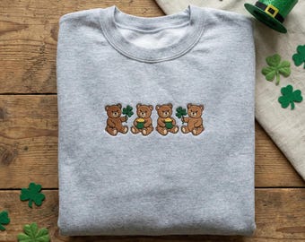 Embroidered Bear Sweatshirt, Lucky Teddy St Patricks Day Hoodie, Cute Bear Pot of Gold Gift, Irish Animal Apparel