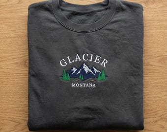 Sudadera con bordado de glaciar, sudadera con capucha del Parque Nacional de Montana, cuello redondo con paisaje de montaña, camiseta de aventura de senderismo, regalo inspirado en la naturaleza
