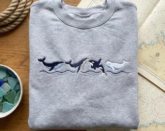 Various Whales Embroidered Sweatshirt, Ocean Life Pullover, Marine Biologist Gift, Coastal Aesthetic Crewneck, Sea Creature Shirt
