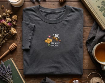 Embroidered T Shirt, Bee Kind Society Shirt, Honeybee Honeycomb Tee, Cute Bumblebee Top, Kindness Gift For Her, Nature Lover Apparel