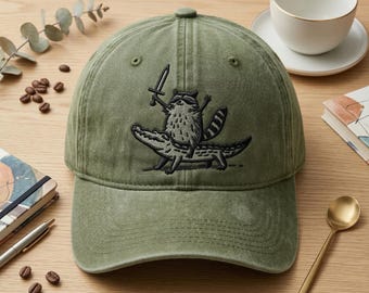 Raccoon Riding Alligator Hat, Embroidered Wash Dad Cap, Trash Panda Warrior Cap, Swamp Animal Gift, Funny Raccoon Hat, Florida Man Meme Hat