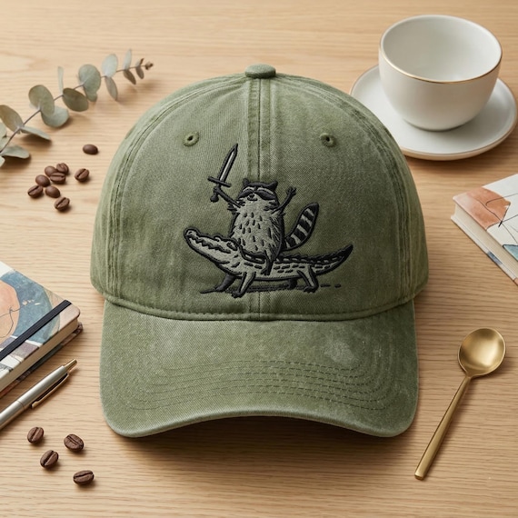 Raccoon Riding Alligator Hat, Embroidered Wash Dad Cap, Trash Panda Warrior Cap, Swamp Animal Gift, Funny Raccoon Hat, Florida Man Meme Hat