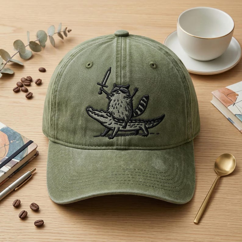 May include: An olive green baseball cap featuring an embroidered graphic of a raccoon holding a sword while riding on the back of a crocodile. The cap has a structured crown, a curved brim, and a classic six-panel design with stitched eyelets.