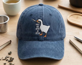 Peace Was Never An Option Goose Washed Dad Cap, Funny Chaos Goose Hat, Honk Meme Apparel, Sassy Bird Denim Cap, Silly Goose Lover Gift