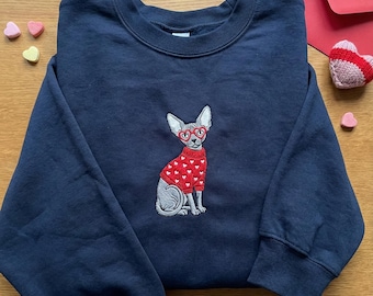 Sphynx Cat Embroidered Sweatshirt, Valentines Day Kitty Hoodie, Heart Glasses Sphynx Crewneck, Hairless Cat Mom Gift, Pet Top