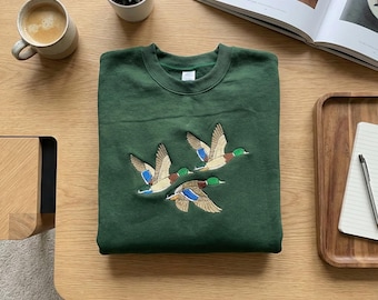 Embroidered Mallard Duck Sweatshirt, Flying Ducks Crewneck, Hunter Gift Apparel, Wildlife Nature Scene Hoodie, Bird Watching Sweater