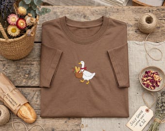 Embroidered T Shirt, Silly Goose Picnic Shirt, Cute Goose with Baguette Tee, Bakery Lover Gift, French Countryside Top