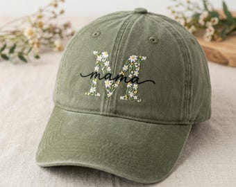 Custom Floral Letter Mama Hat, Embroidered Mama Wash Dad Cap, Wildflower Initial M Cap, Personalized Mother's Day Gift, Floral Monogram Hat