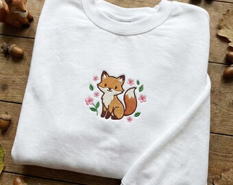 Cute Fox Sweatshirt, Embroidered Woodland Animal Hoodie, Floral Forest Crewneck, Cottagecore Aesthetic Gift, Nature Lover Top, Foxy Pullover