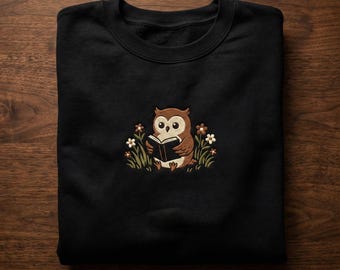 Embroidered Owl Reading Book Sweatshirt, Wise Owl Bibliophile Pullover, Floral Owl Crewneck, Bookish Animal Gift, Teacher Appreciation Top