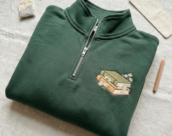 Embroidered Book Lover Quarter Zip, Floral Book Stack Sweatshirt, Reading Teacher Gift, Librarian Apparel, Cozy Bookish Clothing