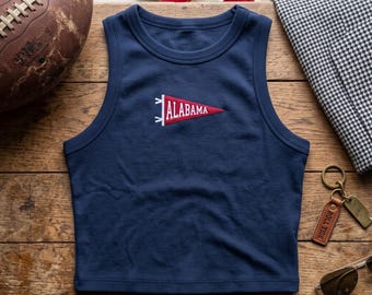 Custom City Embroidered Ribbed Tank Top, Personalized University Pennant Spaghetti Strap Camisole, Retro College Game Day Gift