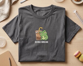 Embroidered T Shirt, Boba Break Tee, Cute Sleeping Frog Shirt, Bubble Tea Cozy Toad Tshirt, Kawaii Animal Crewneck, Aesthetic Frog Gift