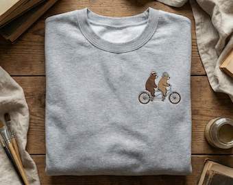 Embroidered Bears on Tandem Bike Sweatshirt, Cute Biking Bear Hoodie, Forest Animal Cycling Shirt, Aesthetic Bear Lover Gift, Funny Bear