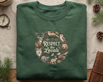 Respect The Locals Embroidery Sweatshirt, Woodland Animals Embroidered Hoodie, Forest Wildlife Crewneck, Nature Lover Gift, Aesthetic Art