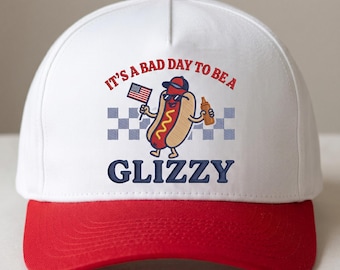 Bad Day To Be A Glizzy Embroidered Hat, Funny Hotdog Cartoon Cap, Two-Tone Baseball Cap, Patriotic BBQ Glizzy Hat, Sarcastic Foodie Gift Hat