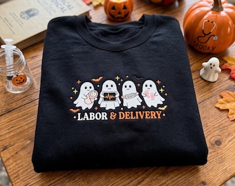 Embroidered Labor and Delivery Halloween Sweatshirt, Cute Spooky L&D Nurse Crewneck, Ghost Midwife Doctor Sweater, Nurse Fall Gift