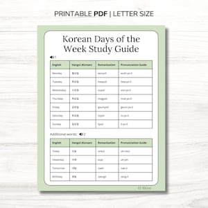 Korean Days of the Week Study Pack | Beginner Vocabulary (PDF Pattern)