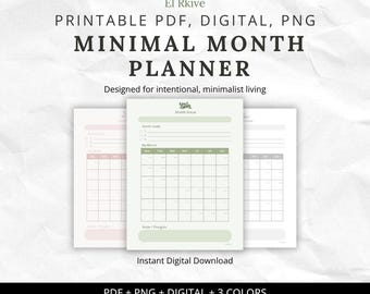 Minimalist Month Planner Printable – Aesthetic PDF, 3 Colors (Digital Download)