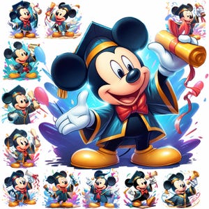 mickey mouse graduation Watercolor Splash, Clipart Images, Graphics and Artwork, Rainbow Aesthetic, PNG Cute Celebration Images