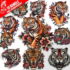 Old School Tiger Tattoo Clipart: 10 PNG Art (Digital Download)