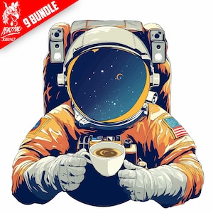 Paquete de café de astronauta PNG, diseño de sublimación, espacio de dibujos animados PNG, planetas coloridos PNG, diseño de camiseta, sudadera PNG, DTF