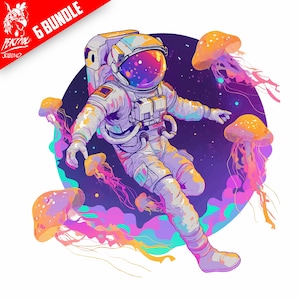 Paquete de medusas astronautas PNG, diseño de sublimación, espacio de dibujos animados PNG, planetas coloridos PNG, diseño de camiseta, sudadera PNG, DTF