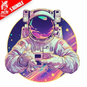 Paquete de 5 astronautas PNG, diseño de sublimación, dibujos animados del espacio PNG, planetas coloridos PNG, diseño de camiseta, sudadera PNG, descarga digital, DTF