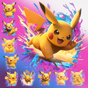 Pikachu Watercolor Splash design bundle, Clipart Images, Graphics and Artwork, Rainbow Aesthetic, PNG Gaming Images