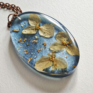 Real Skeleton Hydrangea Necklace • Gold Leaf & Deep Blue Resin Pendant • Botanical Jewelry for Her • Antique Bronze Statement Necklace