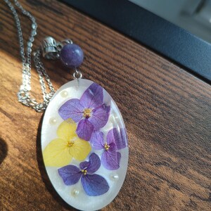 Hydrangea Resin Pendant Necklace Real Flowers in Clear Resin Oval Botanical Jewelry Handmade Nature Gift for Her