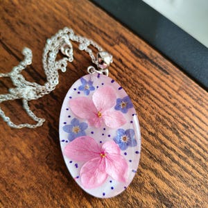 Hydrangea Resin Pendant Necklace Real Flowers in Clear Resin Oval Botanical Jewelry Handmade Nature Gift for Her