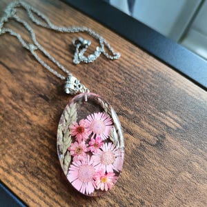 Resin Pendant Necklace Real Flowers in Clear Resin Oval Botanical Jewelry Handmade Nature Gift for Her