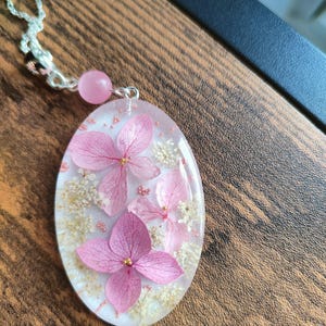 Hydrangea Resin Pendant Necklace Real Flowers in Clear Resin Oval Botanical Jewelry Handmade Nature Gift for Her