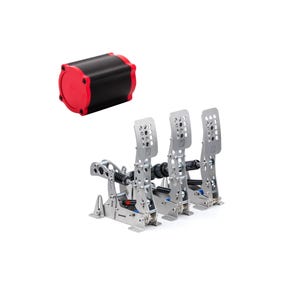 Puede incluir: Un conjunto de pedales de carreras plateados con tres plataformas y un cilindro negro y rojo. Los pedales tienen un diseño mecánico complejo con muelles y componentes ajustables. El cilindro es negro con tapas rojas.